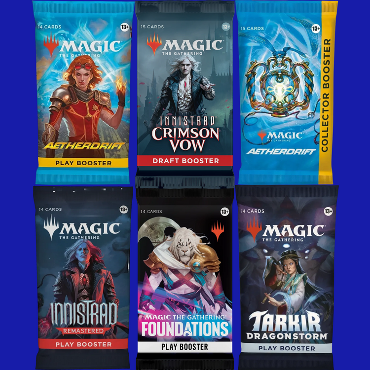 Magic: The Gathering booster pack collage featuring sealed Play, Draft, and Collector packs from Aetherdrift, Innistrad: Crimson Vow, Innistrad Remastered, Foundations, and Tarkir Dragonstorm on a blue background