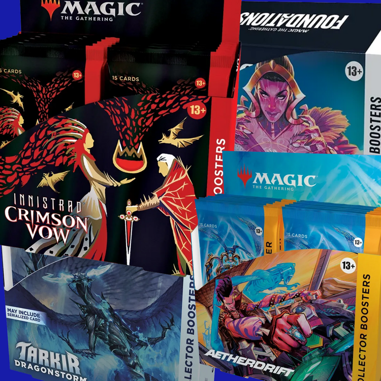 Magic: The Gathering Collector Booster Box collage featuring sealed premium products from Innistrad: Crimson Vow, Foundations, Aetherdrift, and Tarkir Dragonstorm on a blue background