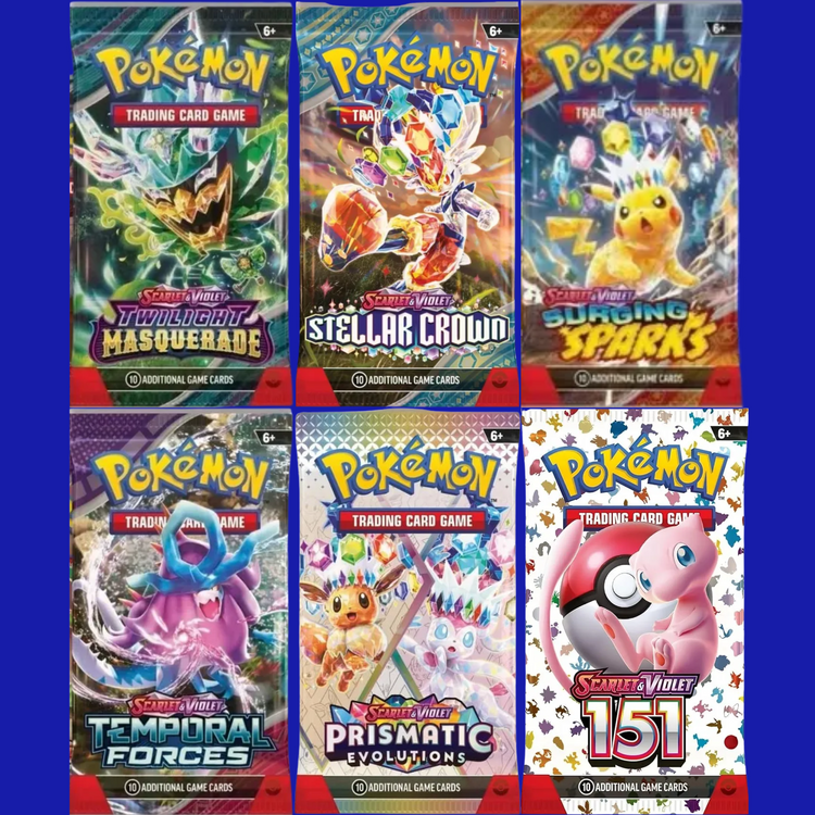 Pokémon TCG Scarlet & Violet booster pack collage featuring sealed packs from 151, Prismatic Evolutions, Twilight Masquerade, Stellar Crown, Surging Sparks, and Temporal Forces on a blue background