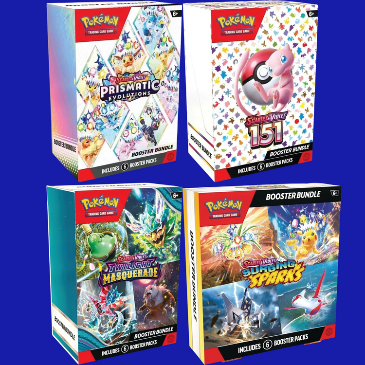 Pokémon TCG booster bundle collage featuring sealed 6-pack boxes from Prismatic Evolutions, Scarlet & Violet 151, Twilight Masquerade, and Surging Sparks on a blue background