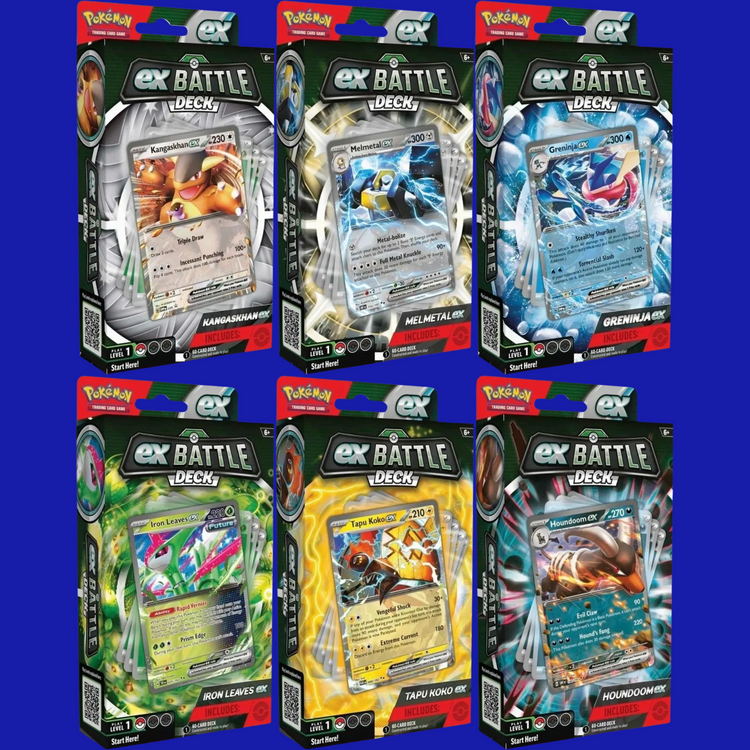 Collage of six Pokémon ex Battle Decks featuring Kangaskhan ex, Melmetal ex, Greninja ex, Iron Leaves ex, Tapu Koko ex, and Houndoom ex in retail packaging – official Pokémon Trading Card Game products displayed on a blue background.