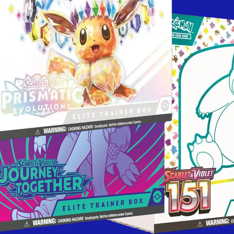 Pokémon TCG Elite Trainer Box collage featuring sealed ETBs from Scarlet & Violet: Prismatic Evolutions, Journey Together, and 151 on a blue background