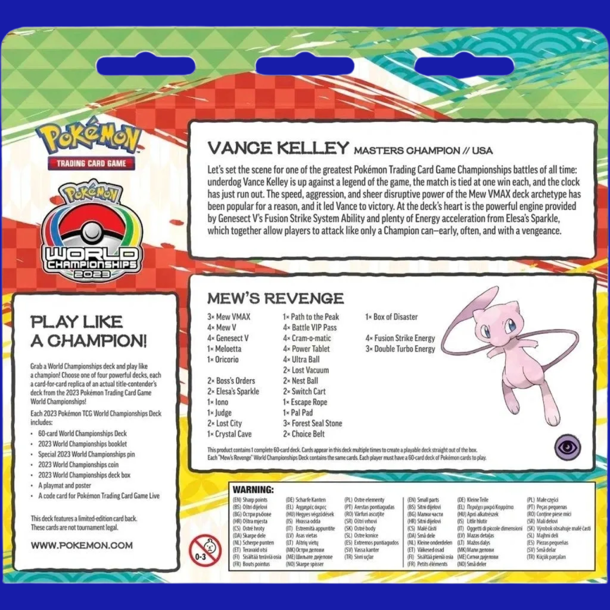 Back of the Mew’s Revenge World Championships Deck, showcasing full decklist and competitive summary from Champion Vance Kelley.