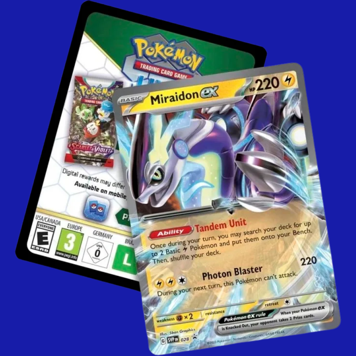 Pokémon TCG: Paldea Legends Tin – Miraidon ex contents featuring foil promo card and Pokémon TCG Live code card on solid blue background.