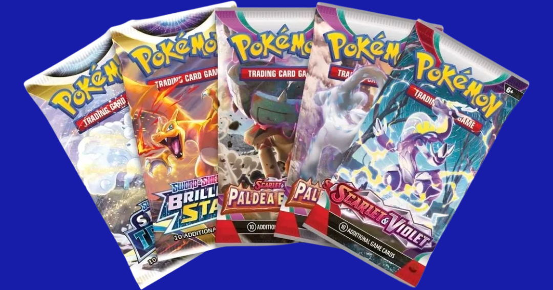 Pokémon TCG: Paldea Legends Tin – Miraidon ex contents showing five assorted booster packs including Scarlet & Violet, Paldea Evolved, and Brilliant Stars.
