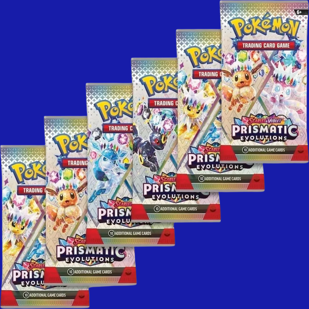 Six Pokémon TCG: Scarlet & Violet—Prismatic Evolutions booster packs showing Eevee, Jolteon, Glaceon, Umbreon, and other Evolutions in gem-themed artwork.