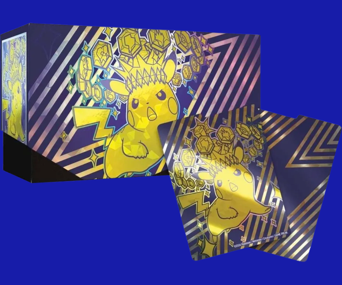Pokémon TCG Scarlet & Violet: Surging Sparks Elite Trainer Box featuring Pikachu ex artwork with gold and purple lightning design on the box and matching card sleeves.