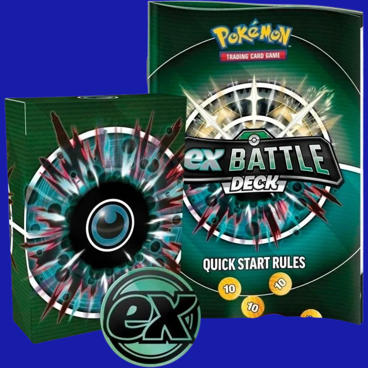 Contents of the Houndoom ex Battle Deck including the coin, deck box, and quick start rules with dark-themed design.