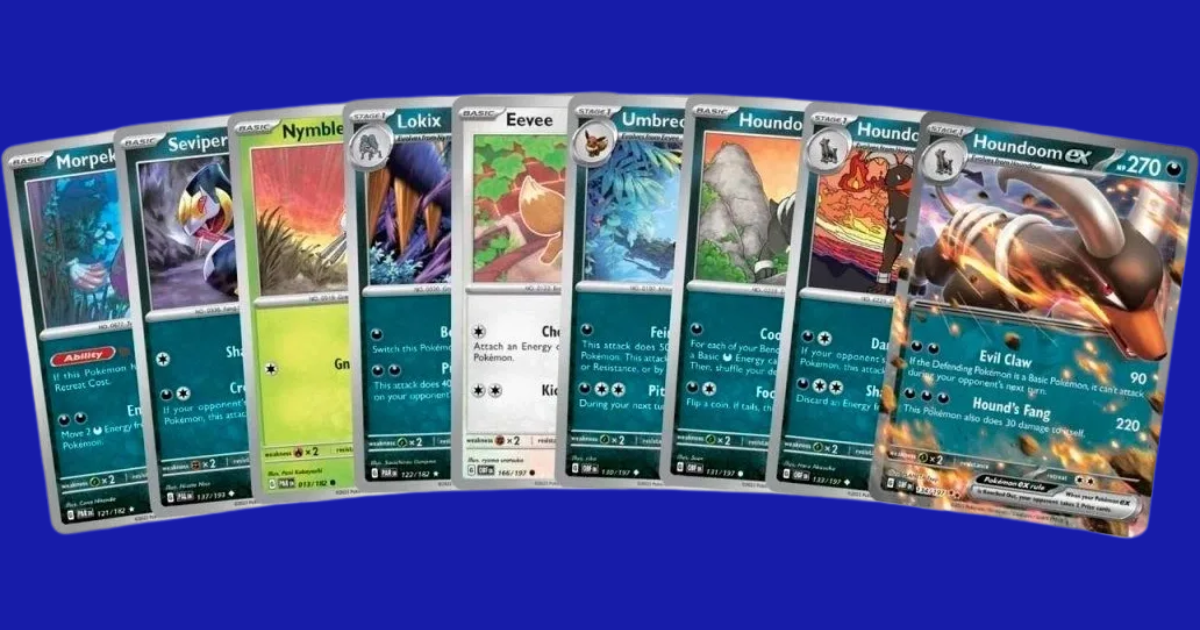 Spread of included cards from the Houndoom ex deck showcasing key Pokémon like Umbreon, Lokix, and Houndoom ex.