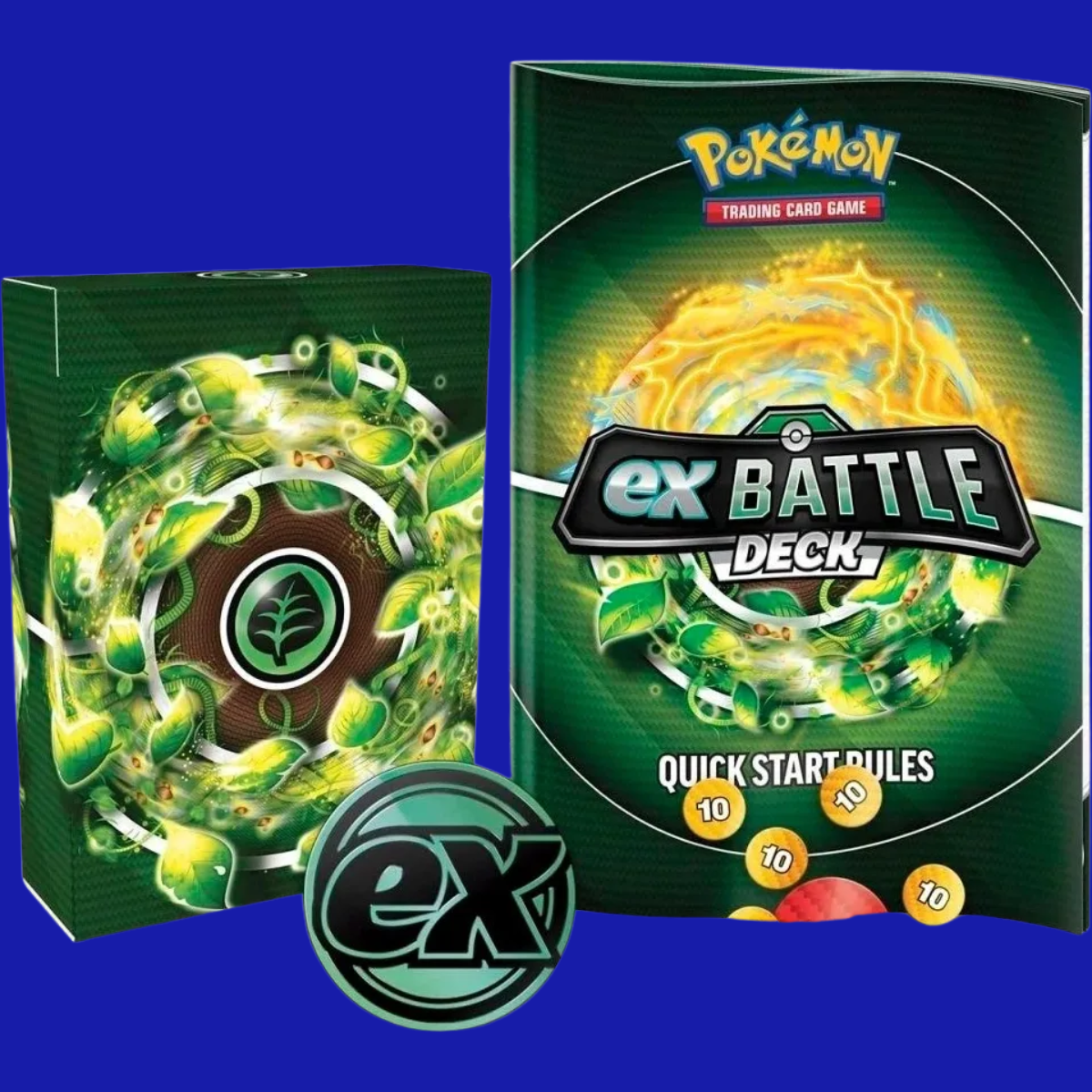 Contents of the Iron Leaves ex Battle Deck including themed deck box, quick start rules, green Grass Energy swirl design, and metallic ex coin.