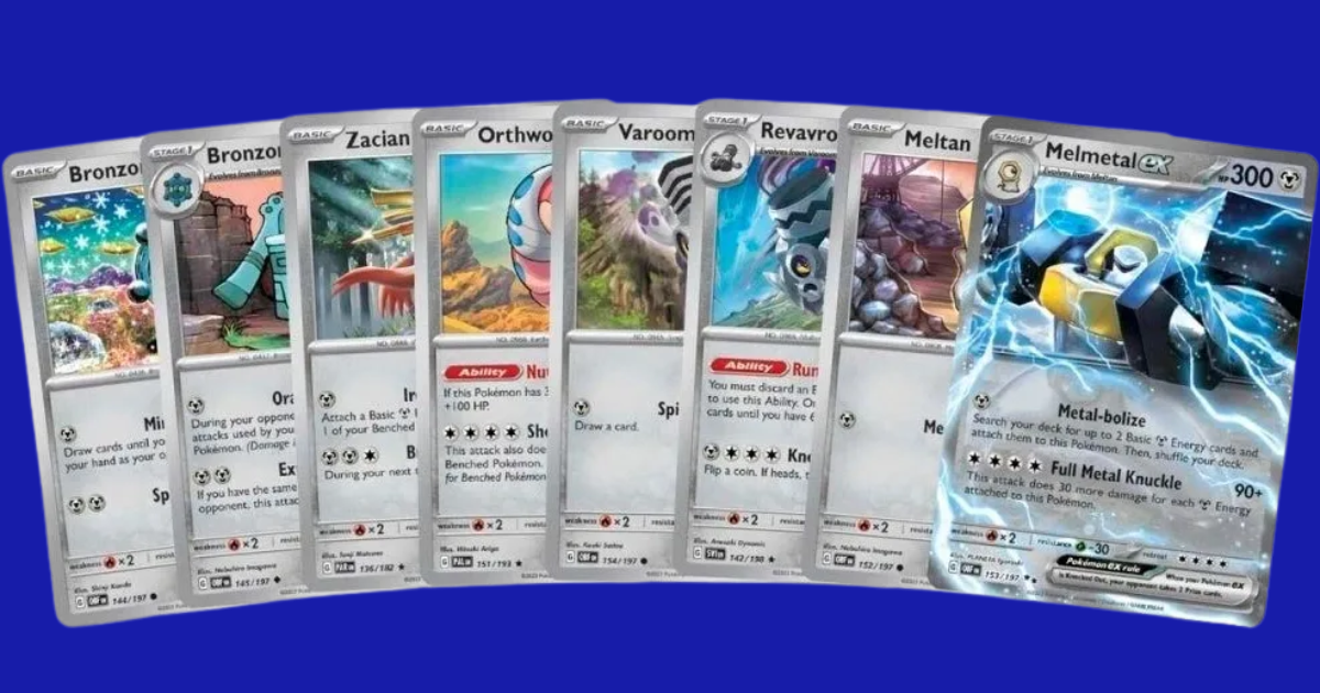 Lineup of cards from the Melmetal ex deck including Zacian and Revavroom – Pokémon TCG: ex Battle Deck – Melmetal ex