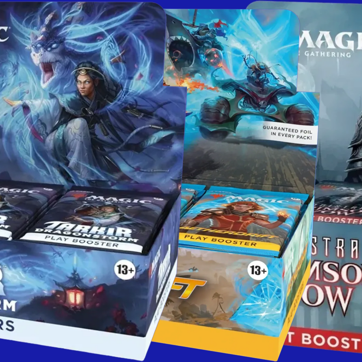 Magic: The Gathering booster box collage featuring sealed Play Booster displays of Tarkir Dragonstorm, Aetherdrift, and Innistrad: Crimson Vow on a blue background