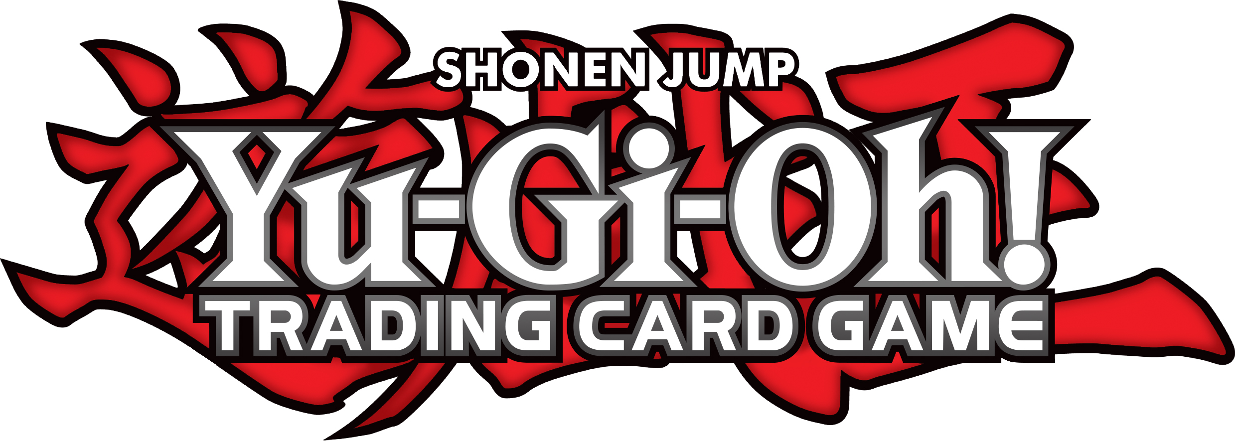 Yu-Gi-Oh! Trading Card Game logo with bold black and white text outlined in red and Japanese kanji in the background