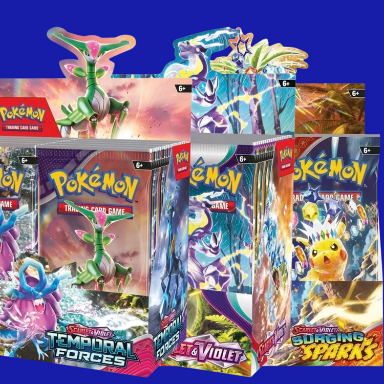 Pokémon TCG booster box collage featuring sealed boxes of Scarlet & Violet: Temporal Forces, Scarlet & Violet Base Set, and Surging Sparks on a blue background