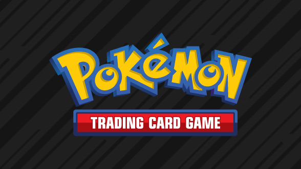 Pokémon Trading Card Game logo with bold yellow Pokémon text and red 'Trading Card Game' banner on a black diagonal-striped background