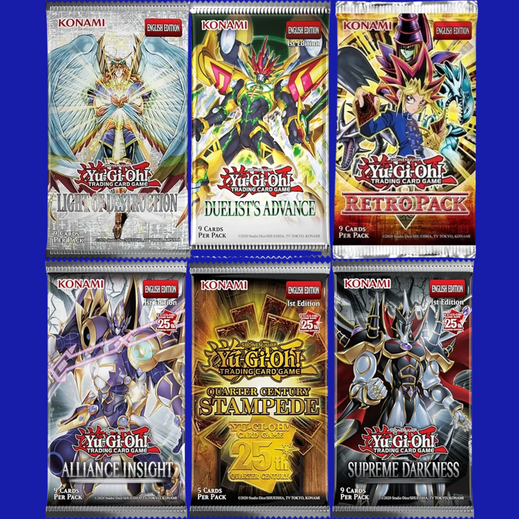 Yu-Gi-Oh! TCG booster pack collage featuring sealed packs from Light of Destruction, Duelist’s Advance, Retro Pack, Alliance of Insight, Quarter Century Stampede, and Supreme Darkness on a blue background