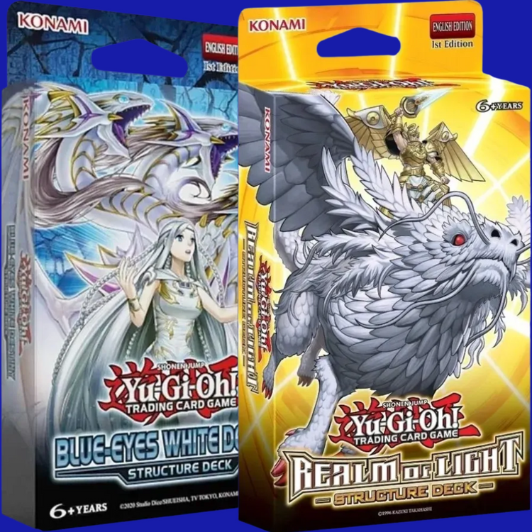 Yu-Gi-Oh! TCG Structure Deck collage featuring sealed Blue-Eyes White Dragon and Realm of Light decks on a blue background