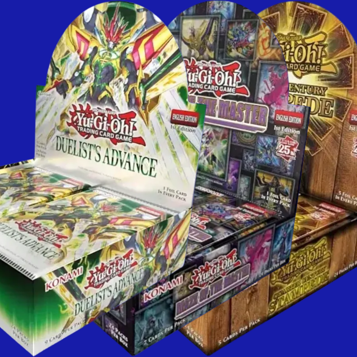 Yu-Gi-Oh! TCG booster box collage showing sealed boxes of Duelist’s Advance, Maze of the Master, and Quarter Century Secret Utility Box: Stampede Edition on a blue background