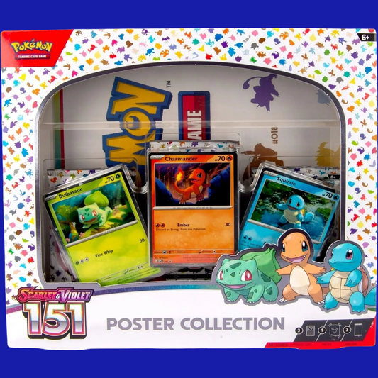Front of Pokémon TCG: Scarlet & Violet 151 – Poster Collection showing Bulbasaur, Charmander, and Squirtle foil promo cards in display window.