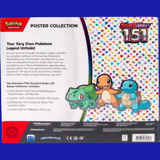 Back of Pokémon TCG: Scarlet & Violet 151 – Poster Collection box with product description and images of classic Kanto starters on a colorful silhouette background.