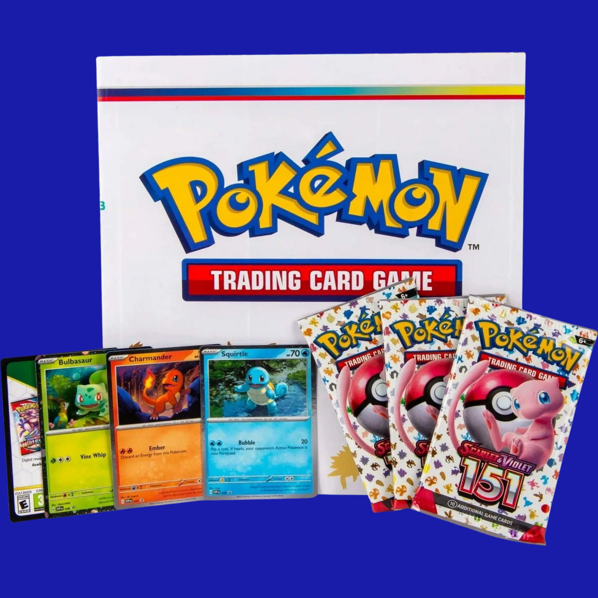 Pokémon TCG: Scarlet & Violet 151 – Poster Collection contents with poster, 3 foil promo cards, 3 booster packs, and TCG Live code card on a blue background.
