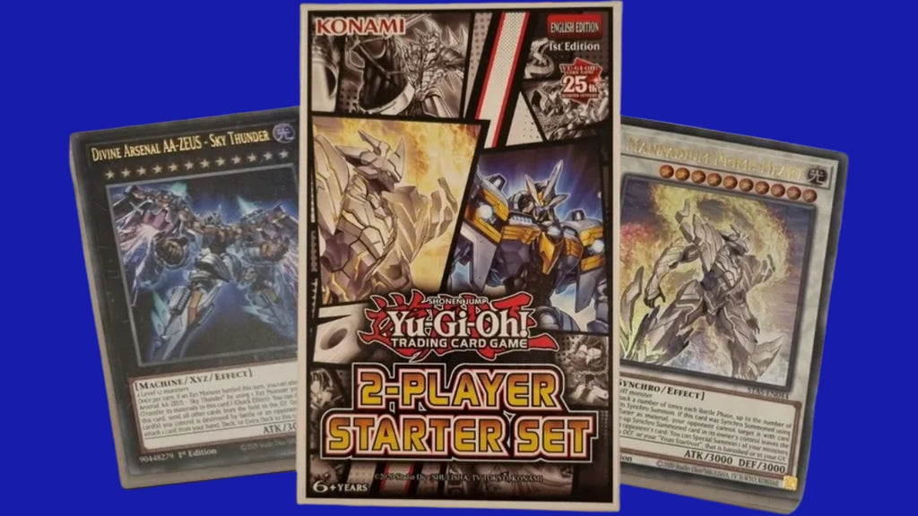 Yu-Gi-Oh! TCG 2-Player Starter Set featuring the starter box and displayed cards including Divine Arsenal AA-ZEUS – Sky Thunder and Mannadium Prime-Heart.