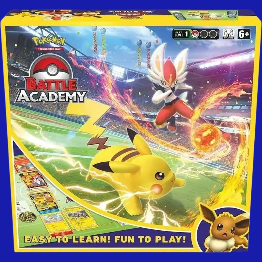 Front of Pokémon Battle Academy 2022 box featuring Pikachu and Cinderace in battle, with Eevee in corner