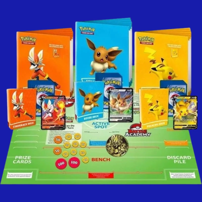 Complete contents of Battle Academy 2022 including playmat, decks, coin, and V cards