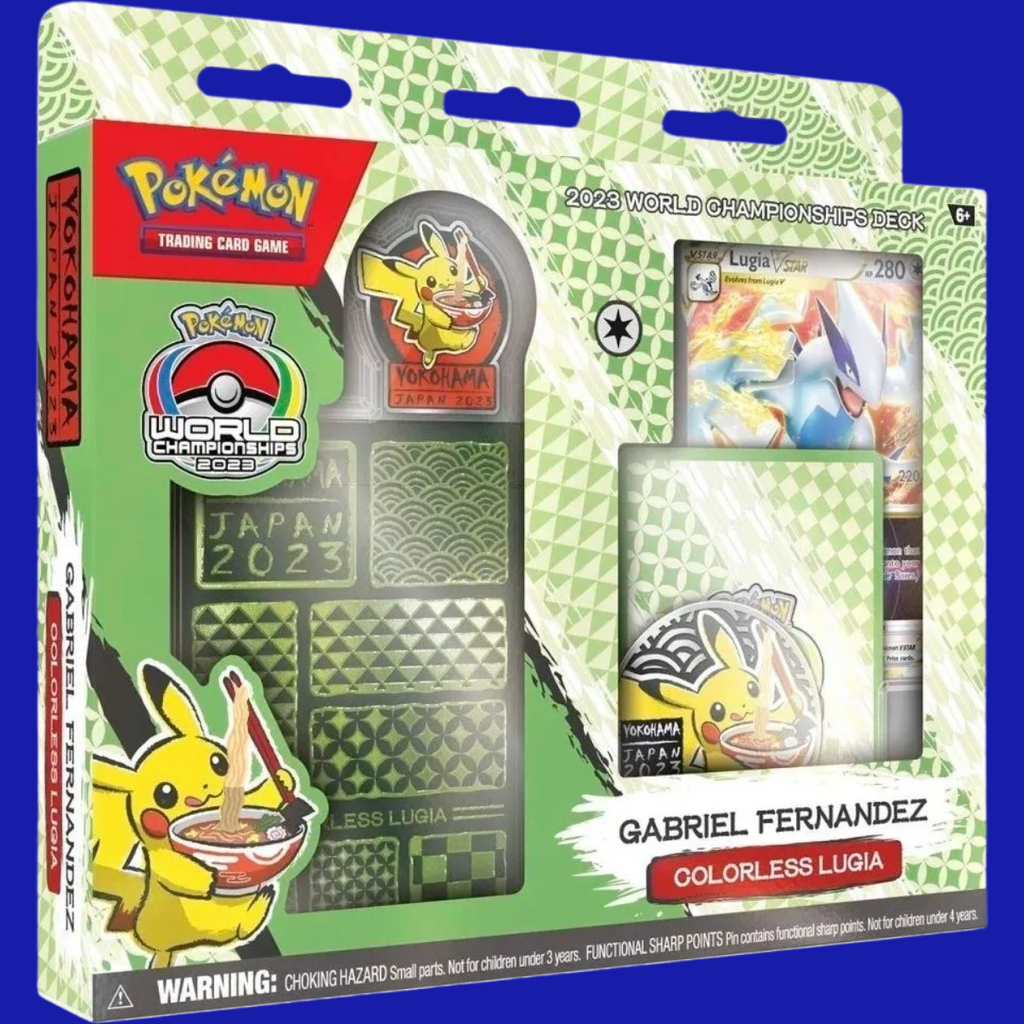 Front view of the 2023 Pokémon World Championships Deck – Colorless Lugia by Gabriel Fernandez, showing included pin, deck box, and feature card.