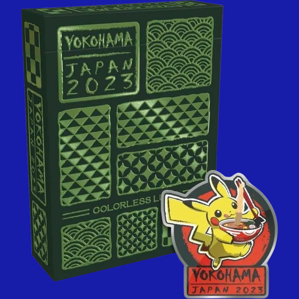 Close-up of the Colorless Lugia deck box and exclusive 2023 World Championships Pikachu ramen pin from Yokohama, Japan.