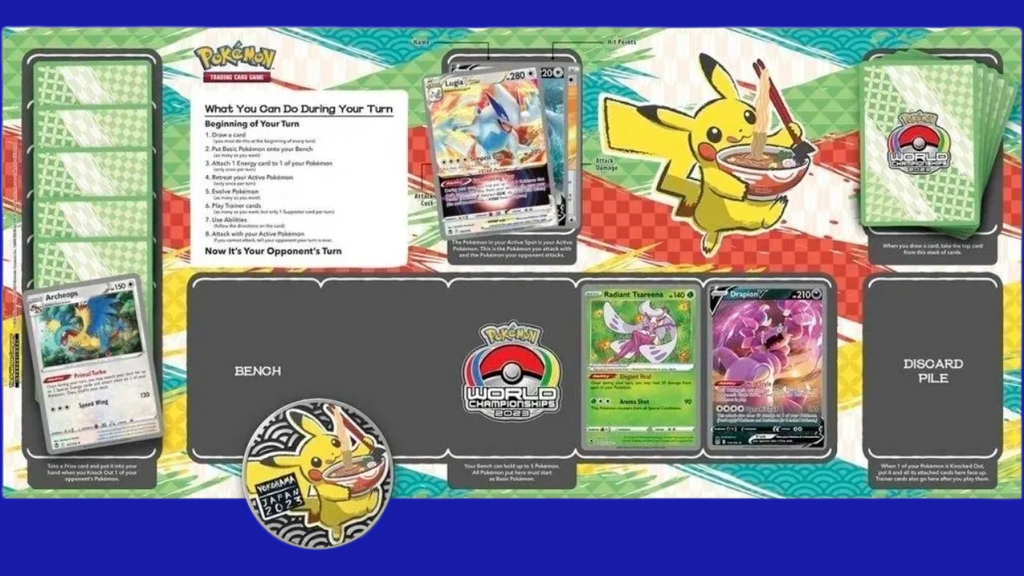 Unboxed contents of the Colorless Lugia deck, including playmat, featured cards like Lugia VSTAR, and Pikachu-themed layout.