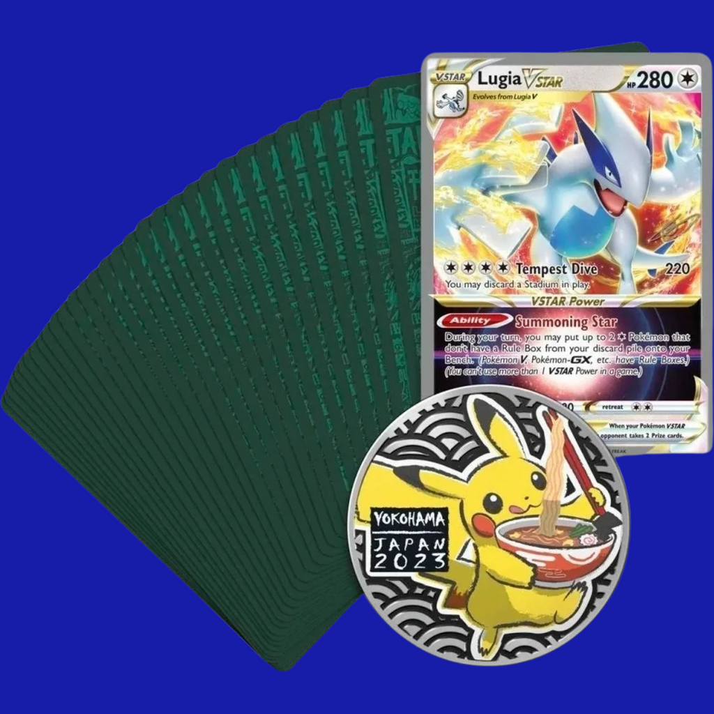Fanned out 60-card World Championships Deck with Lugia VSTAR in front and Yokohama 2023 Pikachu pin displayed.