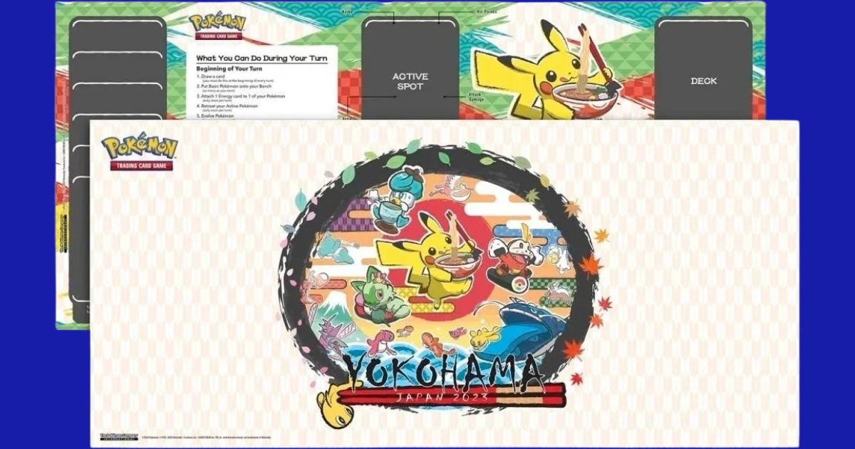 Full-color Yokohama-themed Pokémon TCG playmat featuring Pikachu and other Pokémon from the 2023 World Championships.