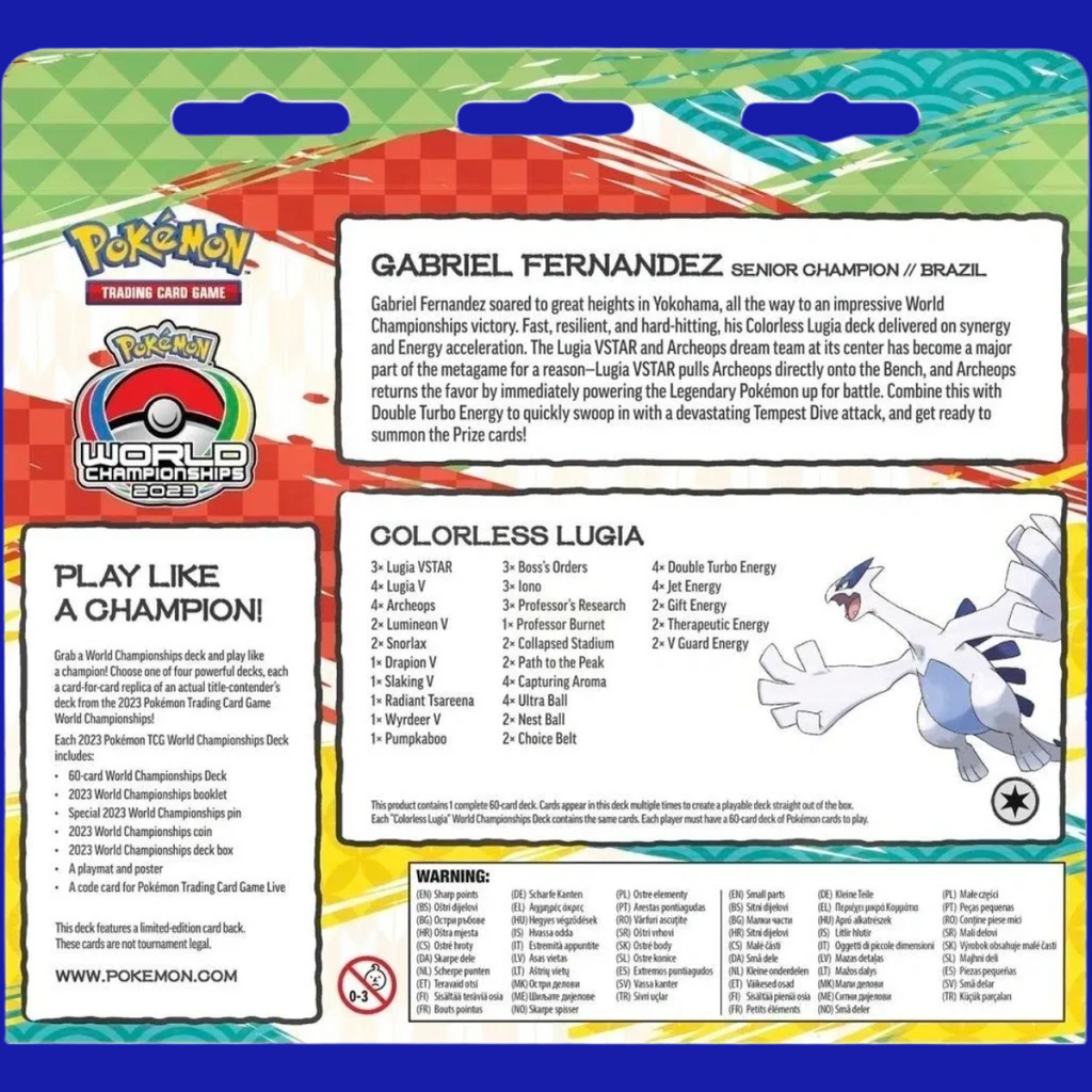 Back of the 2023 Pokémon World Championships Deck package, highlighting Gabriel Fernandez’s full Colorless Lugia decklist and strategic summary.