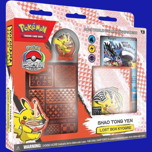 Front view of the 2023 Pokémon World Championships Deck – Lost Box Kyogre by Shao Tong Yen, showing deck box, pin, and feature card.