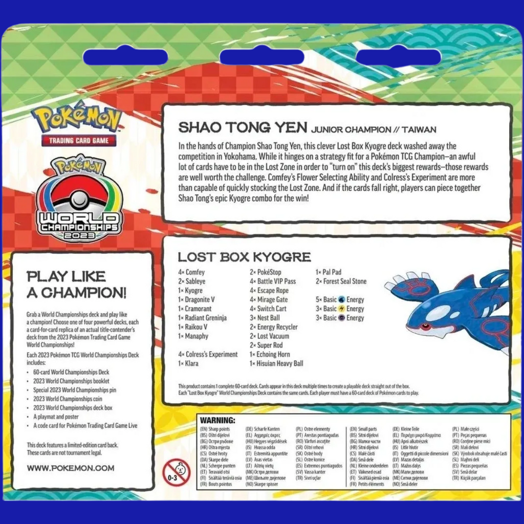Back of the Lost Box Kyogre World Championships Deck, featuring full 60-card decklist and a summary of Shao Tong Yen’s strategy.