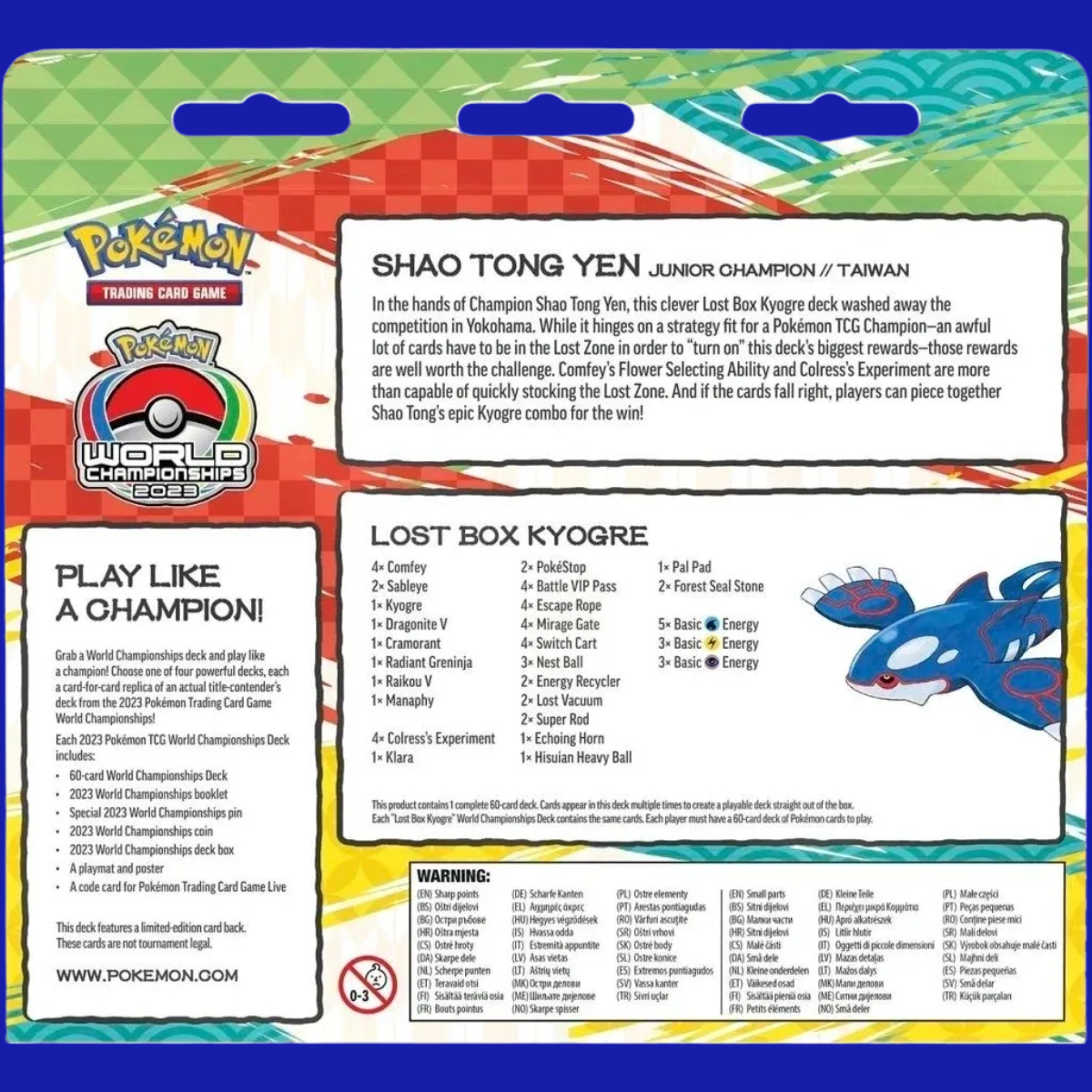 Back of the Lost Box Kyogre World Championships Deck, featuring full 60-card decklist and a summary of Shao Tong Yen’s strategy.