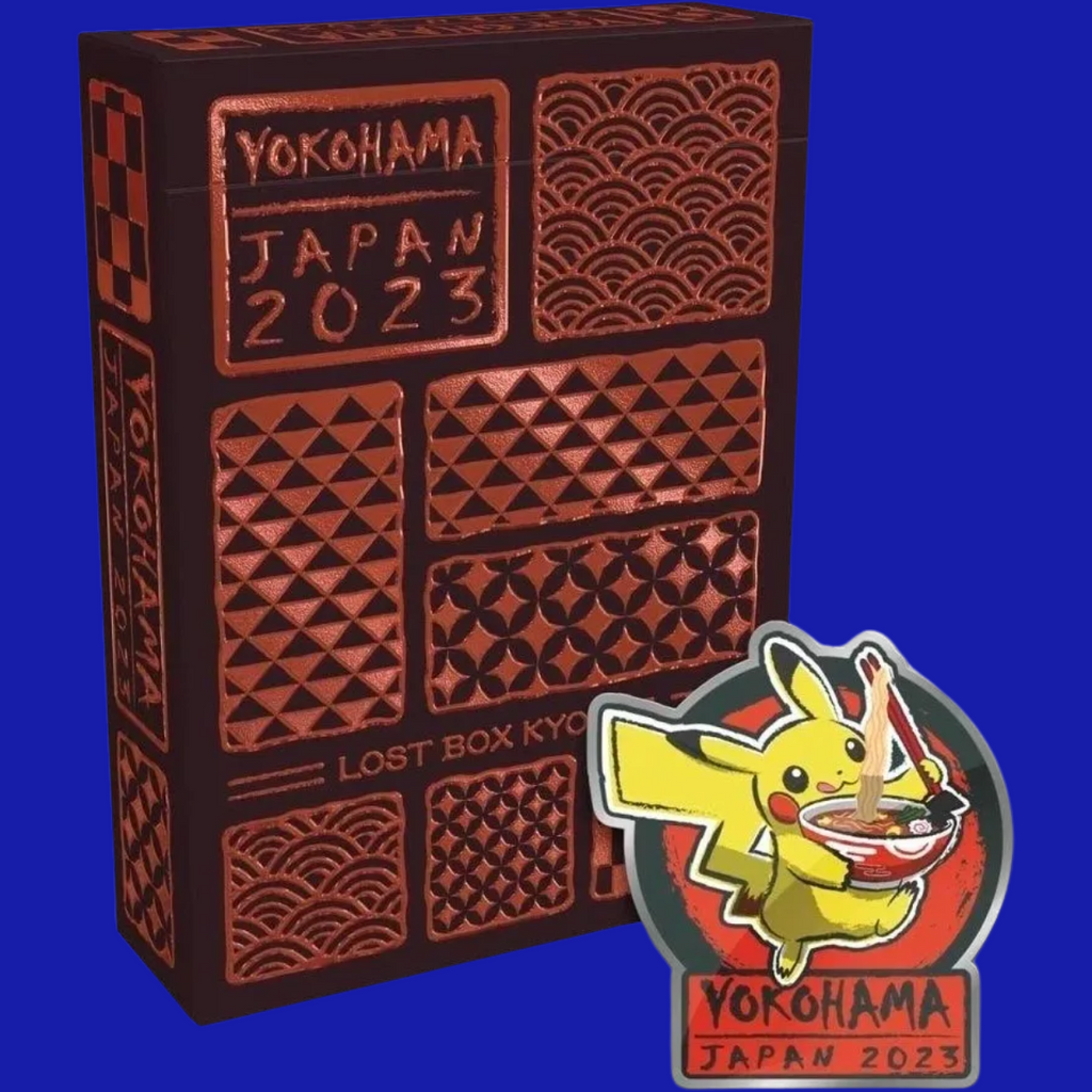 Close-up of the Lost Box Kyogre deck box and exclusive 2023 Pikachu ramen pin from Yokohama, Japan.