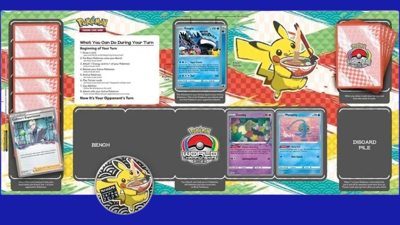 Lost Box Kyogre World Championships Deck laid out on the playmat, showcasing key cards like Kyogre, Comfey, and Colress’s Experiment.