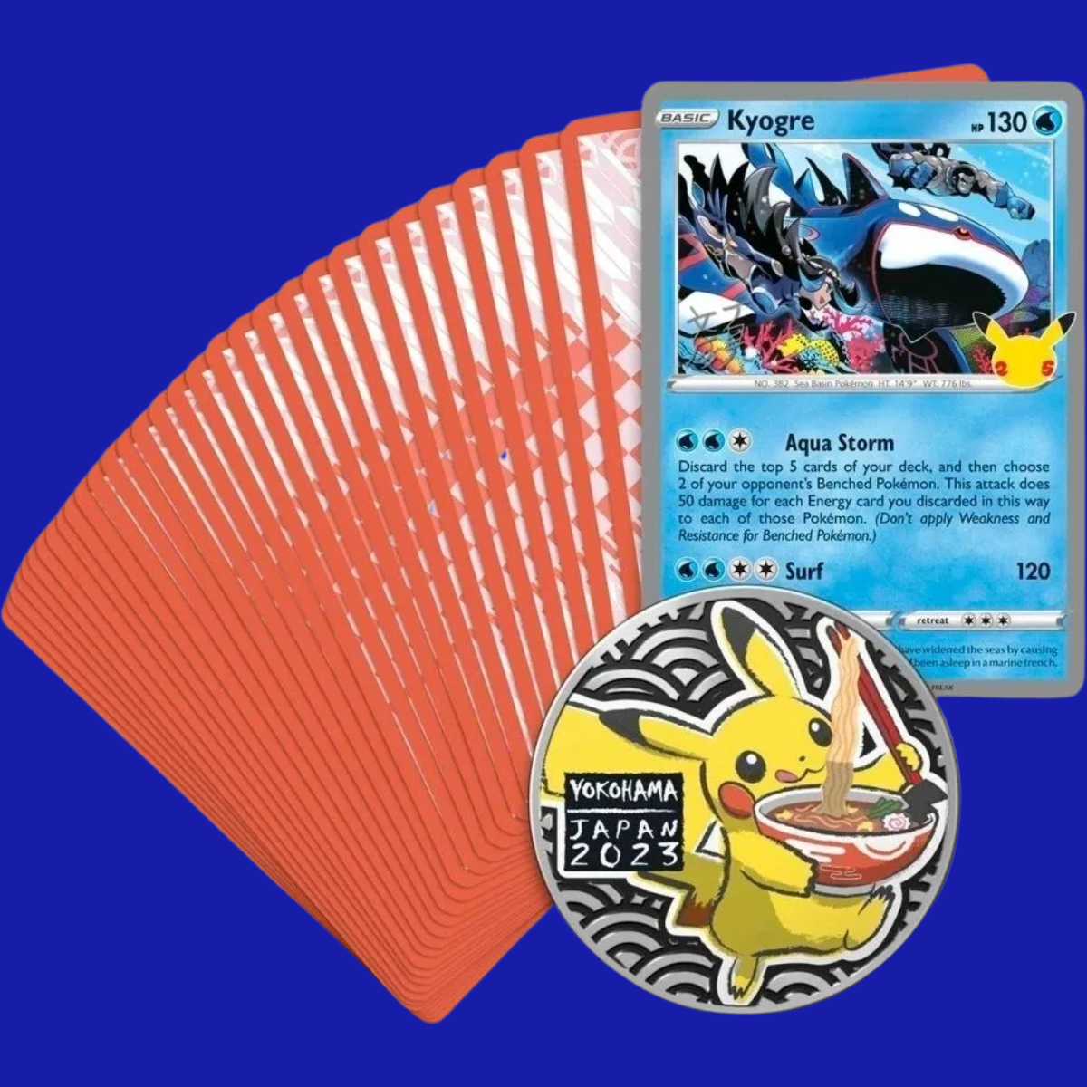 Fanned display of all 60 cards from the Lost Box Kyogre deck with Kyogre front and center, alongside the Yokohama 2023 Pikachu pin.