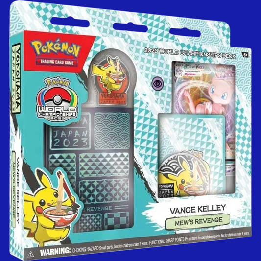 Front view of the 2023 Pokémon World Championships Deck – Mew’s Revenge by Vance Kelley, featuring deck box, pin, and Mew VMAX card.