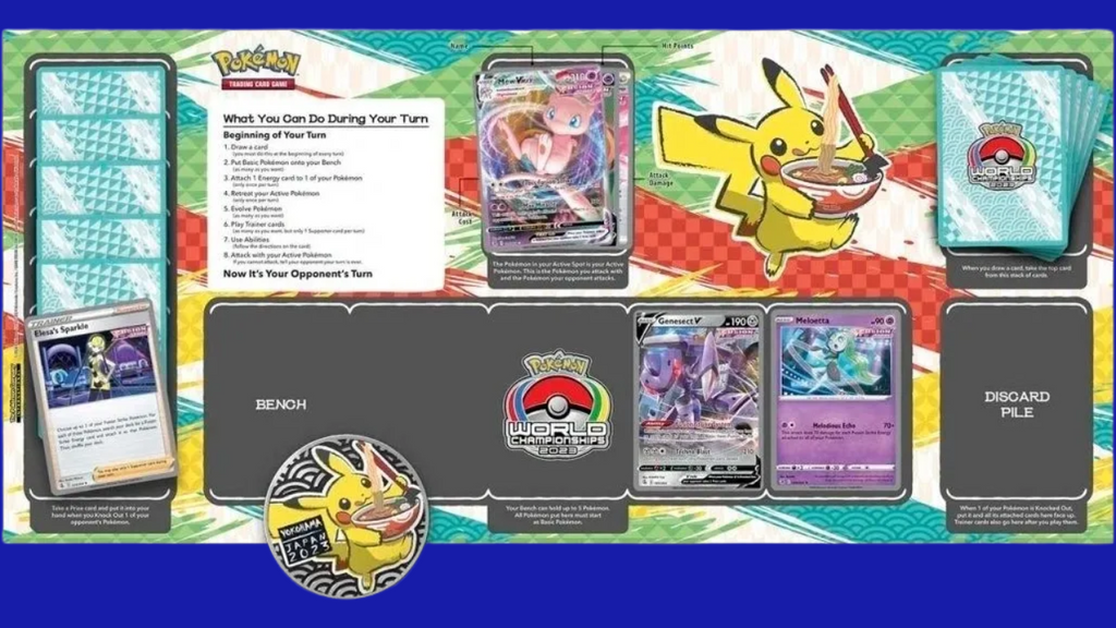 Mew’s Revenge World Championships Deck displayed on the playmat with Mew VMAX, Genesect V, and other key cards in play.