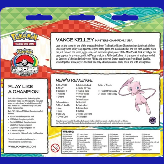 Back of the Mew’s Revenge World Championships Deck, showcasing full decklist and competitive summary from Champion Vance Kelley.