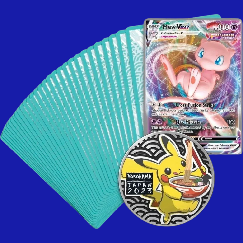 Fanned display of all 60 cards from the Mew’s Revenge deck, with Mew VMAX featured and exclusive Yokohama 2023 Pikachu ramen pin.