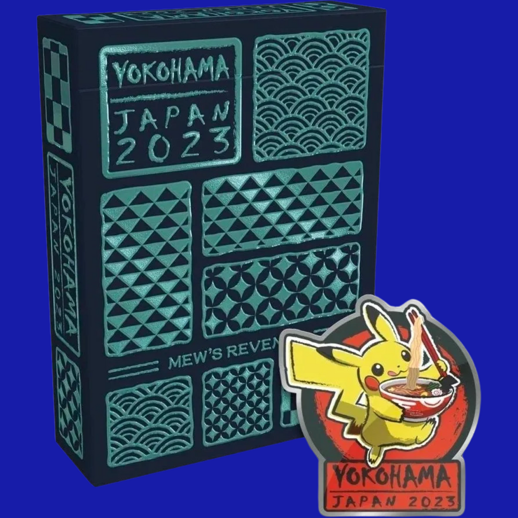 Close-up of the Mew’s Revenge deck box and 2023 Pokémon World Championships Pikachu ramen pin from Yokohama.