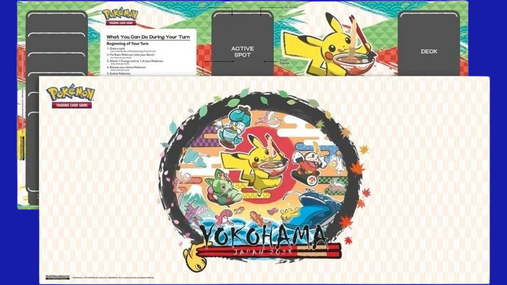 Full Yokohama-themed playmat from the 2023 Pokémon TCG World Championships featuring Pikachu and other event artwork.