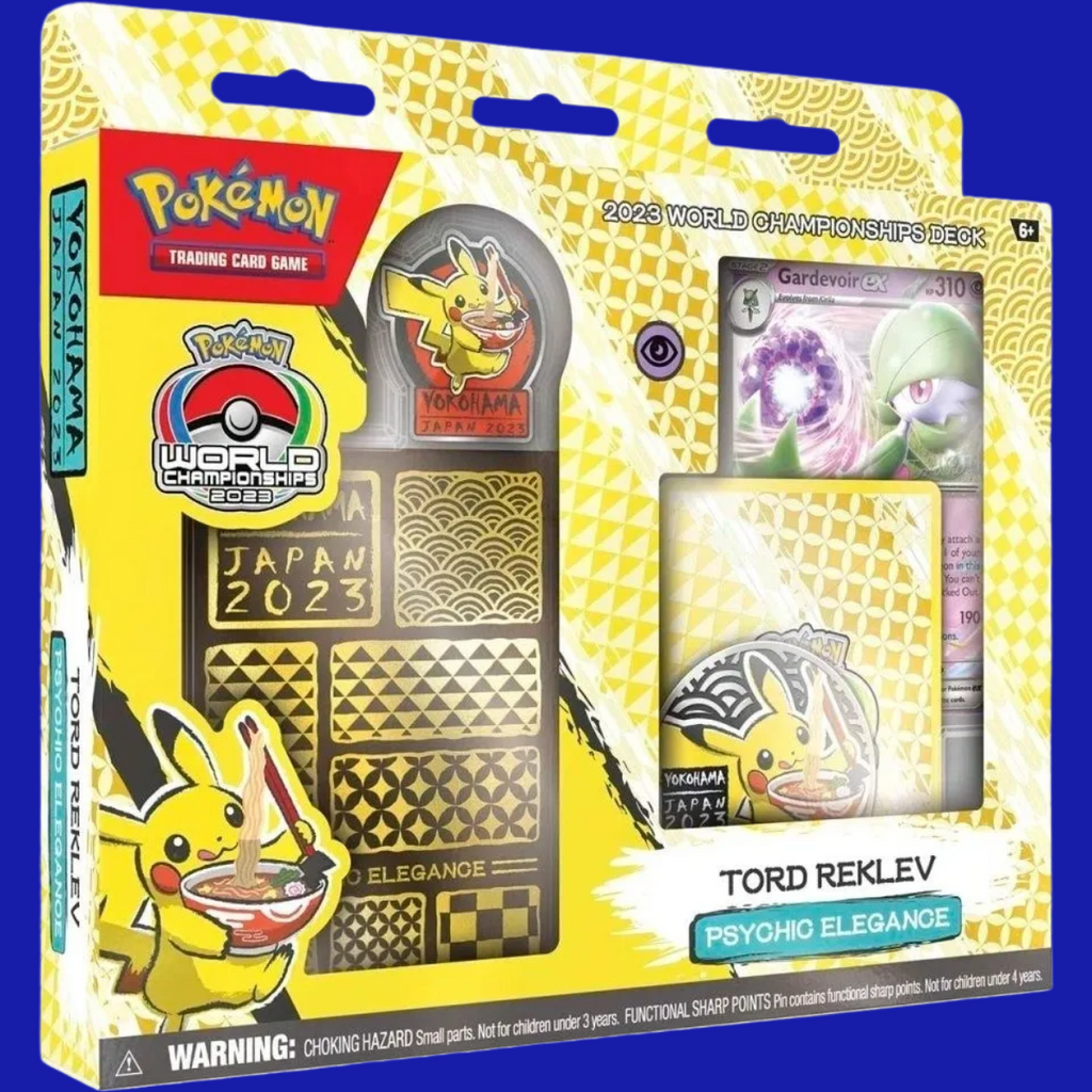 Front view of the 2023 Pokémon World Championships Deck – Psychic Elegance by Tord Reklev, featuring deck box, pin, and Gardevoir ex card.