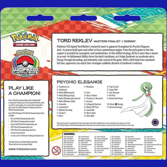 Back of the Psychic Elegance World Championships Deck, with complete card list and description of Tord Reklev’s strategy.