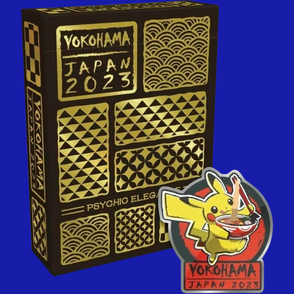 Close-up of the Psychic Elegance deck box and exclusive 2023 Pokémon World Championships Pikachu ramen pin.