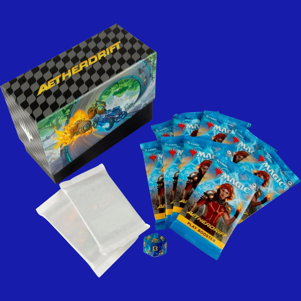 Magic: The Gathering Aetherdrift Bundle contents including Play Booster packs, storage box, spindown die, and accessories